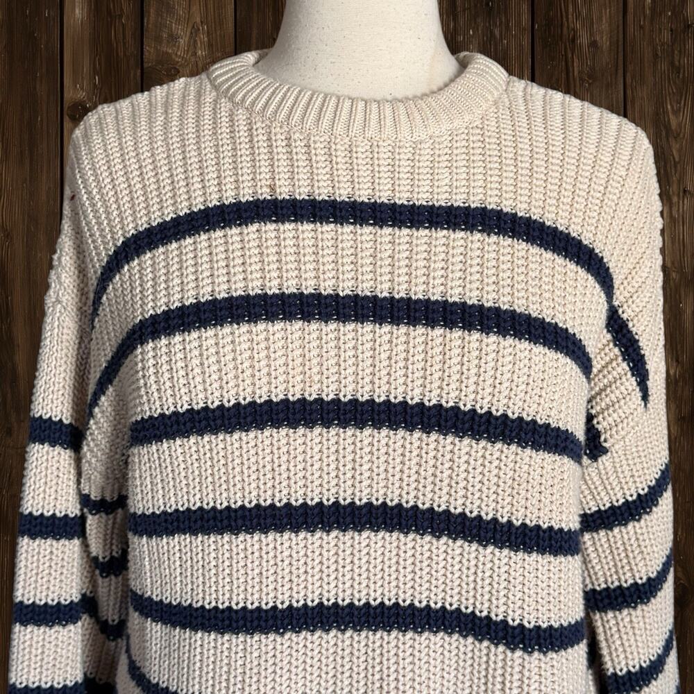 525 America Sweater Striped Cropped‎ Oversize 43" Bust XS 100% Cotton Cream Navy - Picture 3 of 10